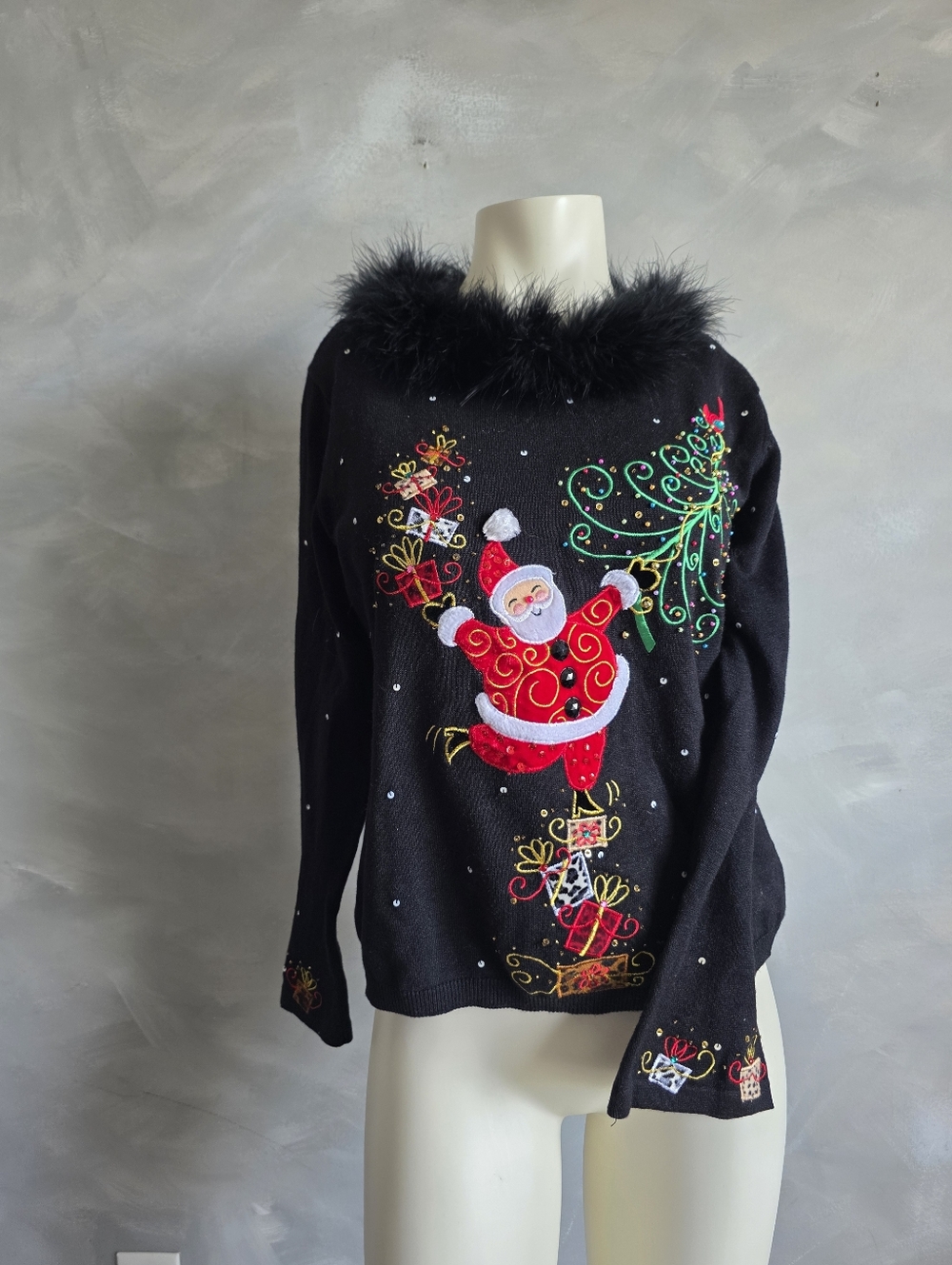 Vtg Jack B. Quick Black Tacky Christmas Sweater Feather Collar Women Sz M